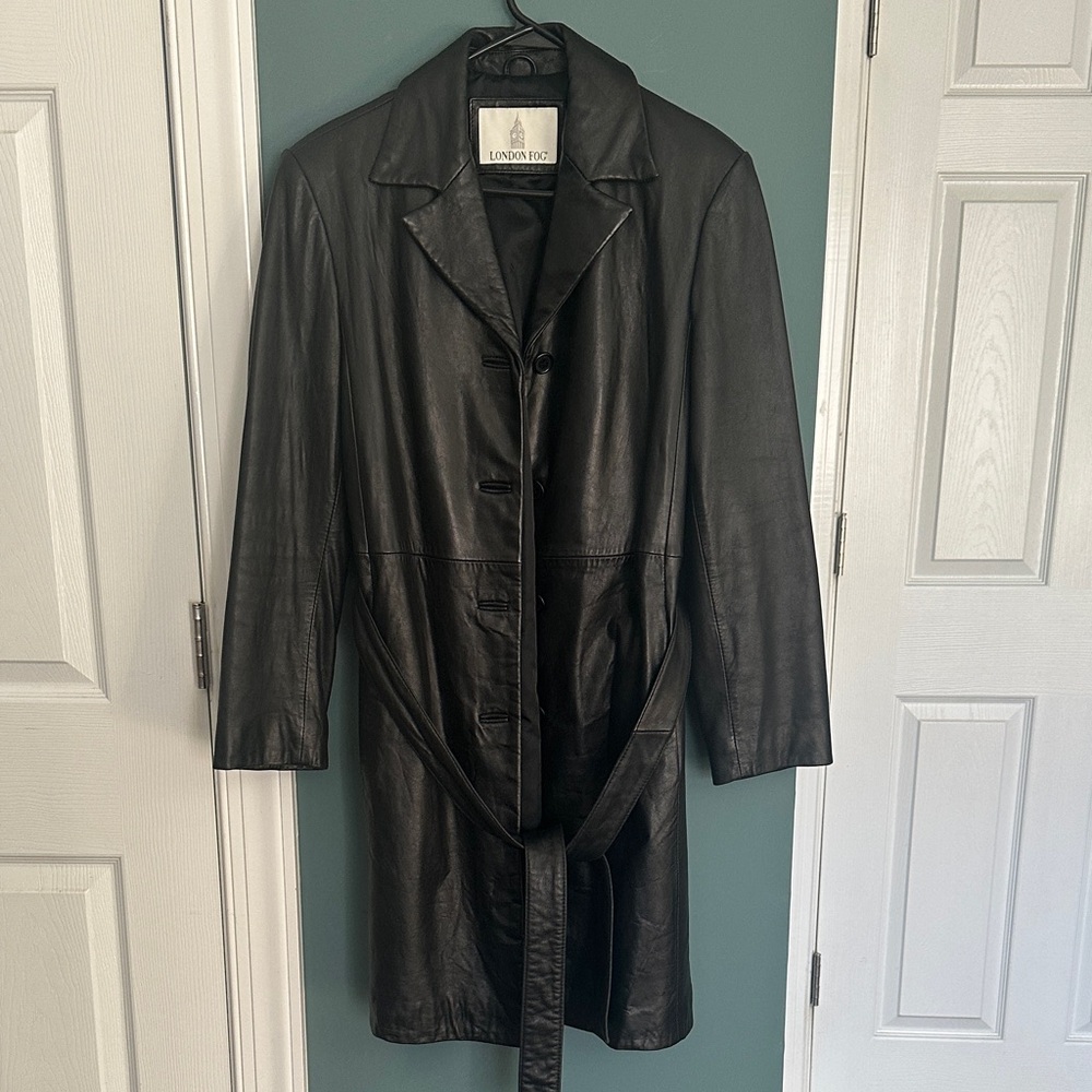 London Fog Classic Black Leather Trench Coat